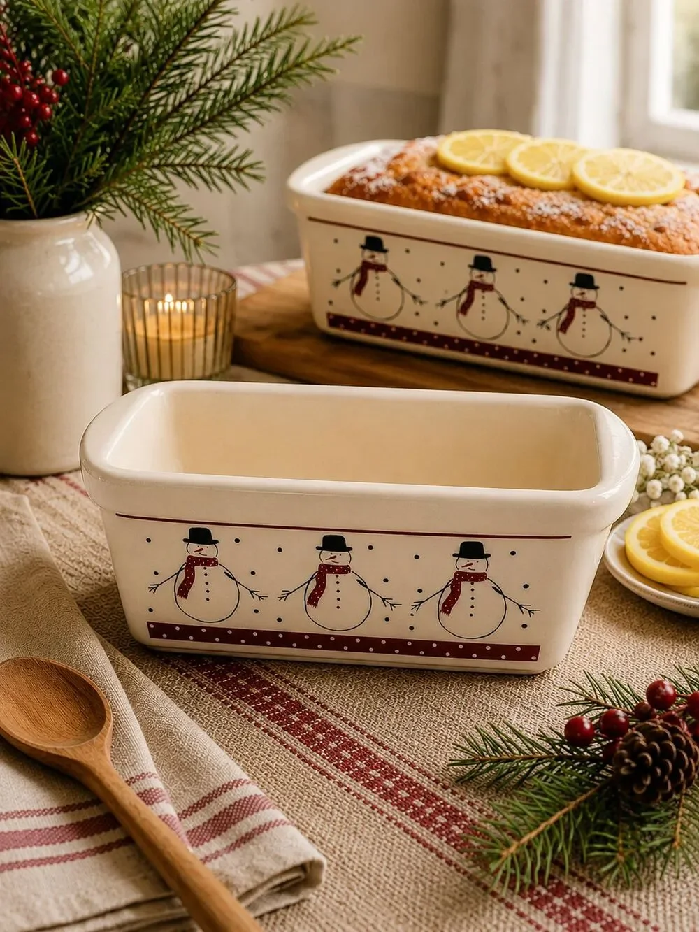 Century Snowman Ceramic Loaf Pan Baking Dish Christmas Lemon Bread 6